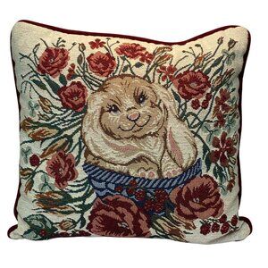 Rabbit & Floral Tapestry Throw Pillow Cover With Burgundy Trim 18x18 Inches